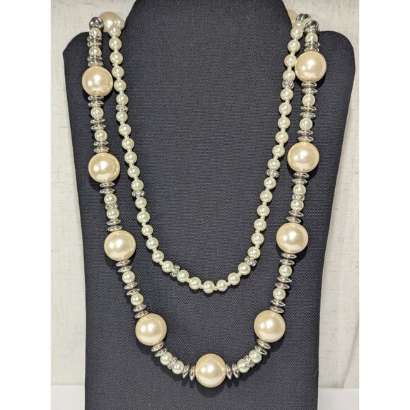 Off White Silver Tone Rhinestone Double Strand Necklace - Picture 9 of 9